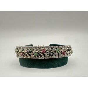 Sterling Silver Multi Gemstone Floral Link Bracelet Vintage Art Deco Style 925